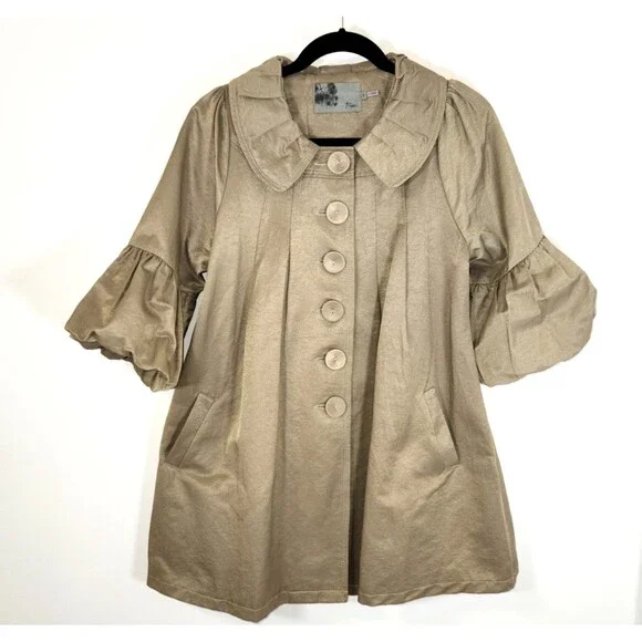 Anthropologie RYU Pearl Taupe Tan Baby Doll Swing Coat LARGE - Picture 1 of 10